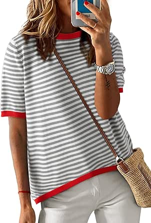 Dokotoo Womens Sweaters Casual Crewneck Short Sleeve Striped Color Block Knitted High Low Trendy Pullover Sweater Tops