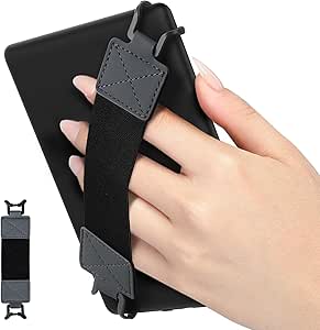 MoKo Security Hand-Strap for 6-8" Kindle eReader Fire Tablet - Kindle/Kobo/Voyaga/Lenovo/Sony Kindle E-Book Tablet, Elastic Versatile Hand Strap Lightweight Finger Grip Holder, Black Belt, Space Gray