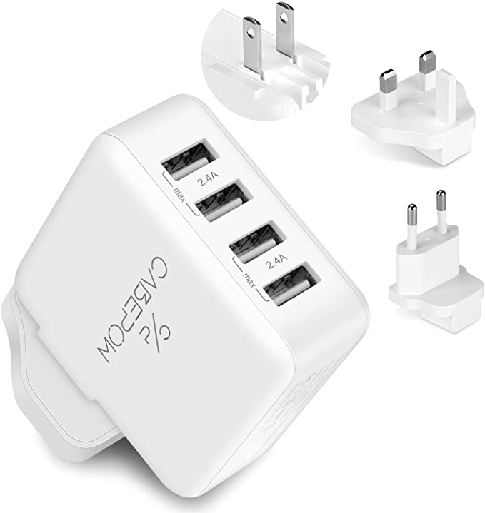 USB Plug Charger, 4-Port USB Universal Travel Adapter Plug, 24W/5V Wall Charger with UK/US/EU Worldwide Travel Charger for iPhone 12/12Pro/11/11Pro/ XS/XR/X/8, Galaxy S9/S8/Note 8, iPad iPad, Android