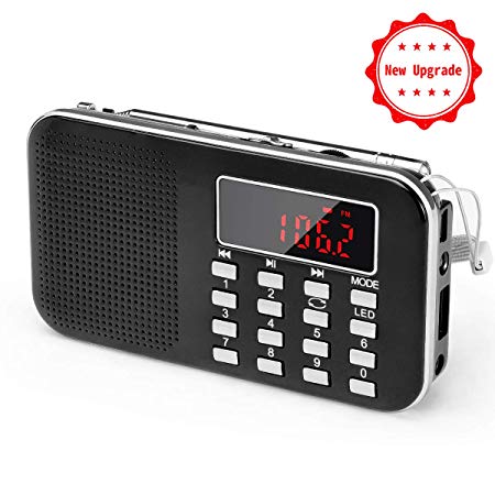 [Upgraded Version] PRUNUS Mini Portable Pocket AM/FM Radio with LED Flashlight, Digital Radio Speaker Music Player Support Micro SD/TF Card/USB, Auto Scan Save, 1200mAh Rechargeable Battery Operated