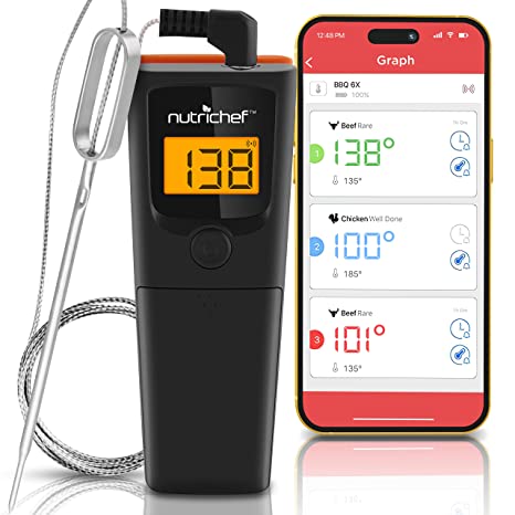 NutriChef Bluetooth Grill BBQ Meat Thermometer, 150 ft Wireless Digital Monitoring Timer & Alarm for Smoker, Oven