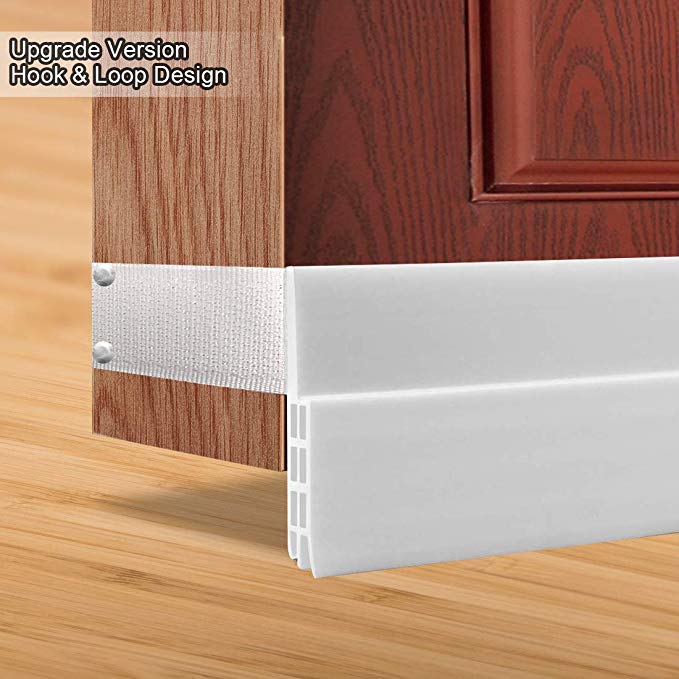 Door Draft Stopper with Hook&Loop Design, Adjustable and Removable Freely Under Door Seal, Perfect for Exterior and Interior Door- Dustproof, Soundproof Door Weather Stripping, 2" W x 39" L(White)