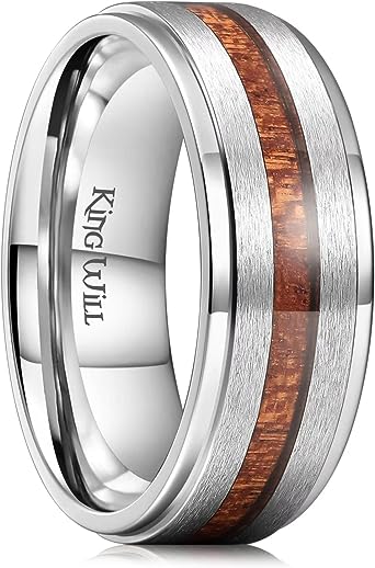 King Will Nature 8mm Black/Silver Tungsten Carbide Wedding Band Real Wood Inlay Matte Brushed Finish, U 1/2(63.36mm), Titanium, No Gemstone