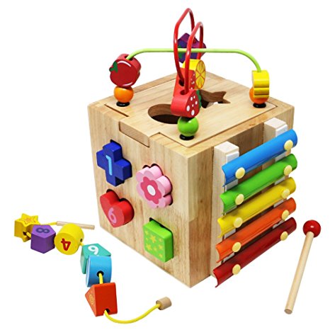 Toyssa Learning Bead Maze Wooden Educational Toys Activity Center with 10 Shapes Blocks for Toddlers