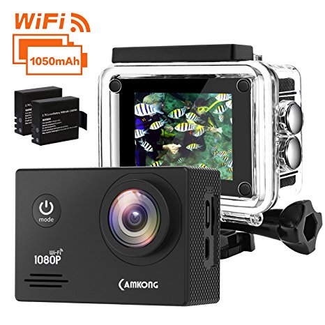 Action Camera, CAMKONG Underwater Camera Wi-Fi Waterproof Sports Action Cam 14MP Full HD Helmet Camera with Dual 1050mAh Batteries and Mounting Accessories Kits for Bike Surfing Diving Skiing etc