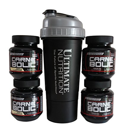 Ultimate Nutrition Carne Bolic Samples- 2 Chocolate and 2 Vanilla PLUS Typhoon Shaker Cup with Storage Compartment for Powder or Pills