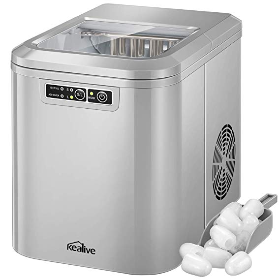 Kealive Ice Maker Machine, Ice Cube Maker, Countertop Ice Maker, 28lbs Ice in 24 hours, 7-13 minutes Producing, with LED Display, 2 Quart Water Tank and Ice Scoop, for Home, Bar, Restaurant, Silver