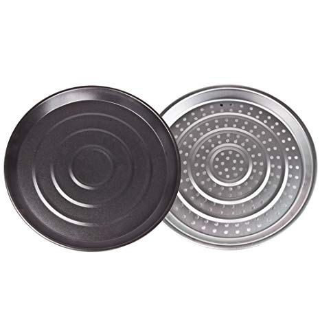 Andrew James Baking Tray and Steamer Tray Set for 10-12 Litre Halogen Ovens and Conventional Ovens | Round Baking Trays Non Stick | Oven Tray and Perforated Steamer Tray Pizza Tray | Dishwasher Safe | 25.5cm Diameter