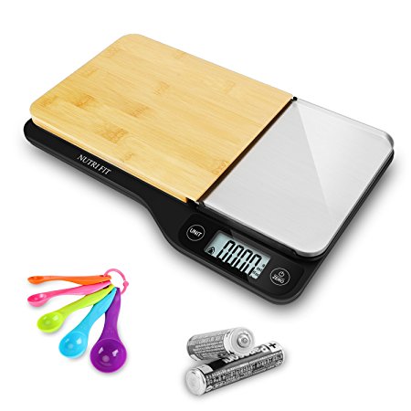 Digital kitchen Scale with Removable Bamboo Cutting Board, Stainless Steel Tray- LCD Display, 11lb 5kg, Great for Baking, Cheese & More by Nutrifit, Including Batteries and Measuring spoons