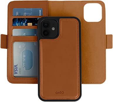iATO 2-in-1 Leather iPhone 12 Mini Case Wallet. Magnetic Detachable Shock-Proof Case - RFID Card Protection - 2-Way Flip Stand - Protective Brown PU Leather for iPhone 12 Mini Wallet Case Detachable