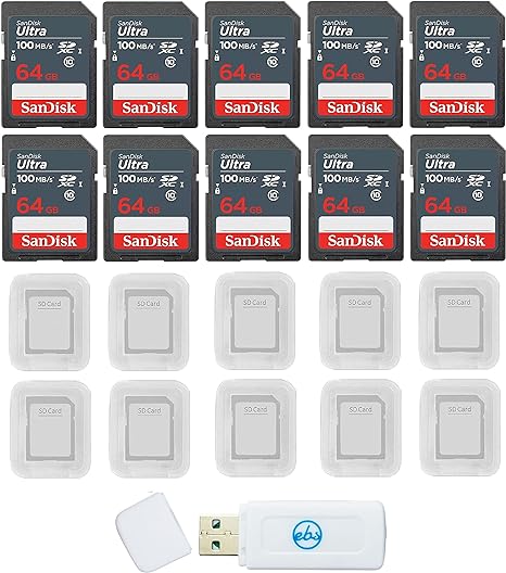 SanDisk Ultra 64GB SD SDXC UHS-I 100MB/s Class 10 SDSDUNR-064G (10 Pack) Bundle with 10 SD Card Cases & 1 Everything But Stromboli Memory Card Reader