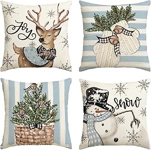 AVOIN colorlife Christmas Snowman Reindeer Gloves Eucalyptus Blue Throw Pillow Covers, 18 x 18 Inch Winter Holiday Stripes Cushion Case Decoration for Sofa Couch Set of 4