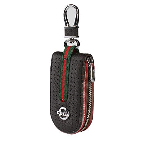 Leather Car Smart Key Chain Universal Key Holder Bag Black Zipper Case Cover Wallet Bag Shell Fob Ring (Nissan)