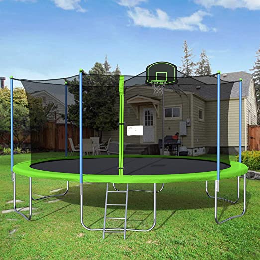 Round 16FT Trampoline Jumping Table with Safety Enclosure Net Spring Pad Combo Bounding Bed Trampoline Fitness Equipment, Outdoor Indoor Trampoline with Basketball Hoop Ladder Safety and Pads Top Safe