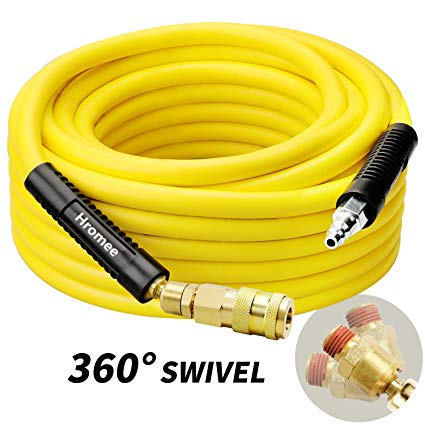 Hromee Air Compressor Hose 3/8-Inch x 50 Feet Hybrid Rubber & PVC Hose with 1/4-Inch MNPT Swivel End Connector and Air Fittings Quick Universal Industrial Coupler & Plug Kit 300 PSI Yellow