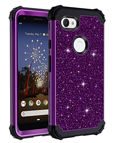 Casetego Compatible Google Pixel 3a Case,Floral Three Layer Heavy Duty Hybrid Sturdy Armor Shockproof Full Body Protective Cover Case for Google Pixel 3a,Shiny Purple