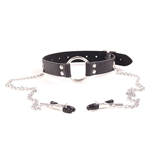 ZTD Black Leather Choker Collar with Open Mouth Ring Nip PLE Clamps