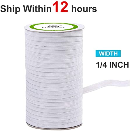Rubber Free Knitted Elastic Band(White, 197-Yards Length, 1/4" Width), Elastic Rope/Elastic Cord Heavy Stretch High Elasticity Knit Elastic Band for Sewing Crafts DIY, Bedspread, Cuff