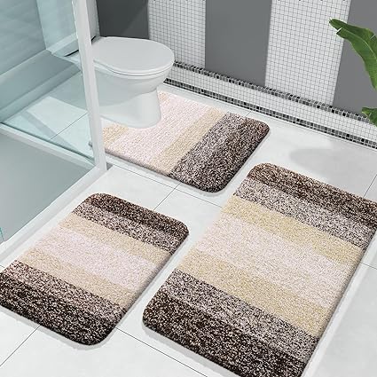 OLANLY Luxury Bathroom Rugs Sets 3 Piece, Soft Absorbent Microfiber Bath Rugs and U-Shaped Contour Toilet Rug, Non-Slip Plush Bath Carpet, Bath Mat Sets for Bathroom (30"x20" 24"x16" 24"x20", Brown)