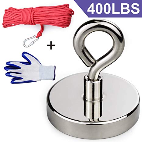 Super Strong Neodymium Fishing Magnet, 400 lbs(181KG) Pulling Force Rare Earth Magnets, Strong Retrieval Magnet Neodymium Magnets with 20m (64 Foot) Durable Rope and Protective Gloves