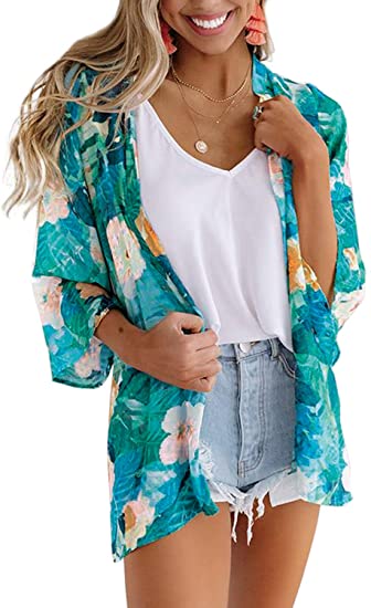 BB&KK Women's Floral Kimono Cardigans Chiffon Casual Loose Open Front Cover Ups Tops