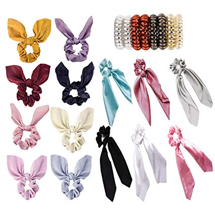 22 PCS Hair Scrunchies Satin Silk Elastic Hair Bands Hair Bow Scarf Ribbon Spiral Hair Ties Ropes Ponytail Holder Scrunchy Ties Accessories for Women Girls Solid Colors
