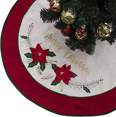 Valery Madelyn 48 inch Farmhouse Burlap Christmas Tree Skirt Decorations with Christmas Flower and Tartan Trim, Themed with Christmas Ornaments (Not Included)