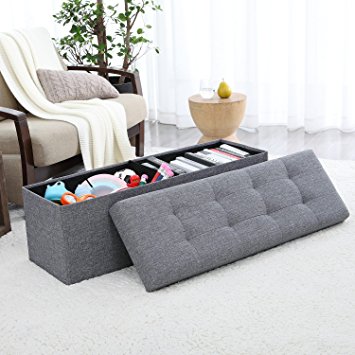 Ellington Home Foldable Tufted Linen Large Storage Ottoman Bench Foot Rest Stool/Seat - 15" x 45" x 15" (Grey)