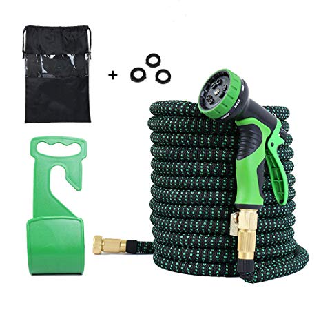 TRLYC (3750D) Telescopic Ribbon Hose 75ft Expandable Garden Hose Water Hose Car Pipe Watering Connector Green with 9 Function Spray Nozzle,3 Gasket   Black Hook