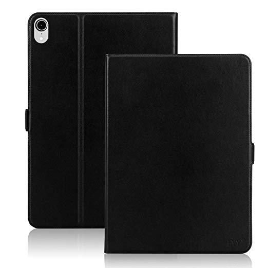 FYY Luxury Cowhide Genuine Leather Handcrafted Case for Apple iPad Pro 11" 2018, Pure Handmade Case Protective Cover with Multiple Stand Function Black