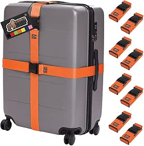 Gorilla Grip Heavy Duty 8 Pack Adjustable Luggage Straps for Suitcases, Easy to Identify Travel Belt Connector Holds Suitcase Together, Extends Life of Bag, Strap Connects Two Bags, Accessories Orange