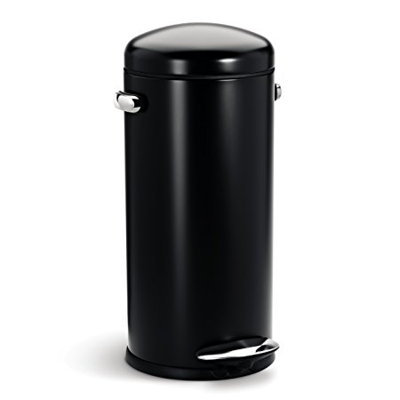 simplehuman Round Retro Step Trash Can, Black Steel, 30 L / 8 Gal