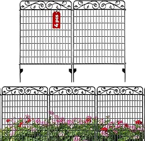 4 Pack Decorative Garden Fence Border 36in(L) x44in(H) Animal Barrier Dogs Rustproof Landscape Wrought Iron Fencing Gate Folding Patio Flower Bed Black