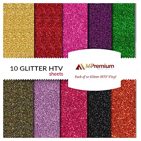 MiPremium PU Heat Transfer Vinyl, HTV Iron On Vinyl Starter Pack, Combo BUNDLE Kit Of Heat Press Vinyl in 10 Most Popular Glitter Colors, Easy Cut, Weed & Press (GLITTER X 10)