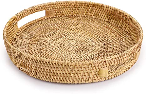 Hipiwe Round Rattan Serving Tray with Handles, Hand-Woven Decorative Organizer Tray for Storage Breakfast Drinks Snack, Centerpiece Fruit Basket for Home Decoration,large