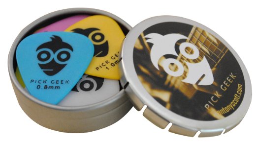 Pick Geek Delrin (Tortex) Pick Set -16 Cool Custom Guitar Picks (Plectrums) for Your Electric, Acoustic, or Bass Guitar - Thin (Light), Medium, Heavy & Extra Heavy, Presented in a Luxury, Uniquely Designed Metal Pocket Box - For Girls & Guys - a Perfect Gift - Fully Guaranteed