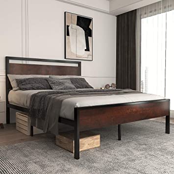 Allewie Full Size Platform Bed Frame with Wood Headboard and Footboard, Heavy Duty Metal Slat Support Mattress Foundation, Easy Assembly/Non-Slip Without Noise,Mahogany