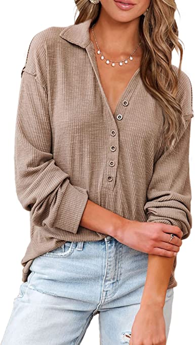 BTFBM Women Casual Button Down V Neck Blouses Long Sleeve Solid Color Stand Collar Knitted Tops Cute Relaxed Fit Shirts