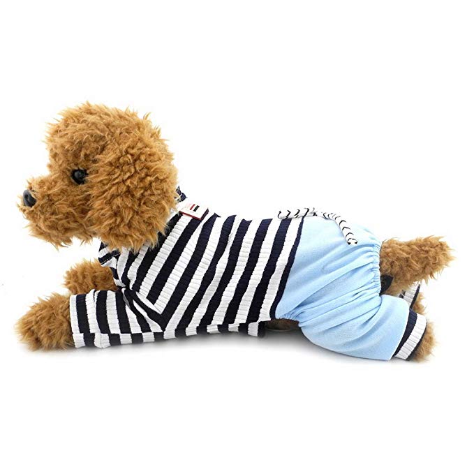 Ranphy Small Dog Stripe Jumpsuit Puppy Pajamas with Pant Comfy Cotton Pet Clothes Cat Apparel Pyjamas PJS Shirt Boys Winter Jammies(Size Runs Small One to Two Size Than US Size)