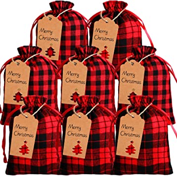 20 Pieces Christmas Plaid Drawstring Bags 6 x 8 Inch Mini Candy Bags Candy Storage Cotton Cloth Bags Wedding Party Favor Bags with 20 Pieces Tags for Fabric Sachets Christmas Party (Red and Black)