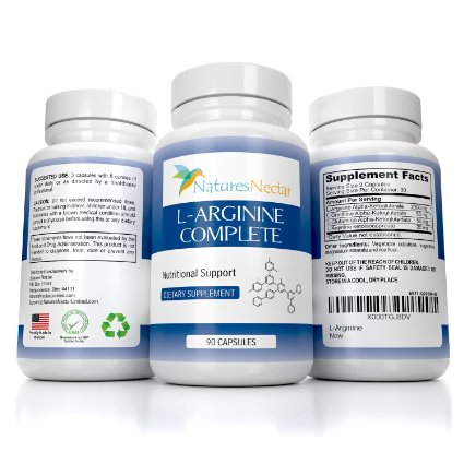 L-Arginine Supplement 10030 90 Capsules 10030 Most Potent Amino Acid And Nitric Oxide Booster For MenWomen 10030 Increased Endurance - Energy - And Muscle Growth 10030 Natures Nectar 100 Money Back Guarantee