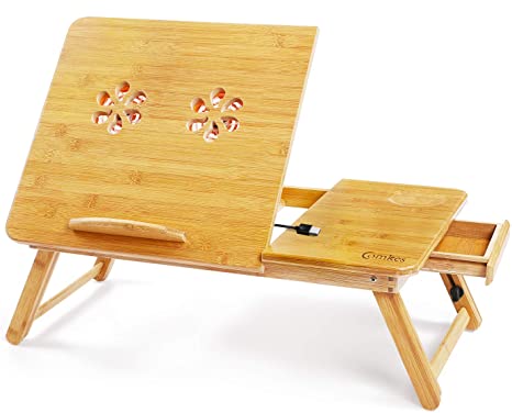 Laptop Desk,Comkes Adjustable Laptop Desk Table 100% Bamboo with USB Cooling Fan Foldable Breakfast Serving Bed Tray w' Tilting Top Drawer