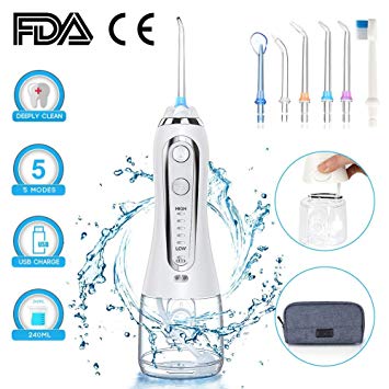 Water Flosser Cordless Oral Irrigator Portable Rechargeable Dental Flossers with 5 Modes & 6 Tips Water Flossing with 240ml Water Tank for Home and Travel, Braces & Bridges Care - IPX7 Waterproof