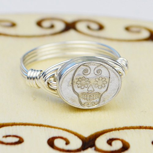 Sugar Skull Sterling Silver and Pewter Wire Wrapped Ring- Custom made to size 4 -14