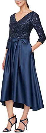 Alex Evenings Women's Satin Ballgown Dress with Pockets (Petite and Regular Sizes)