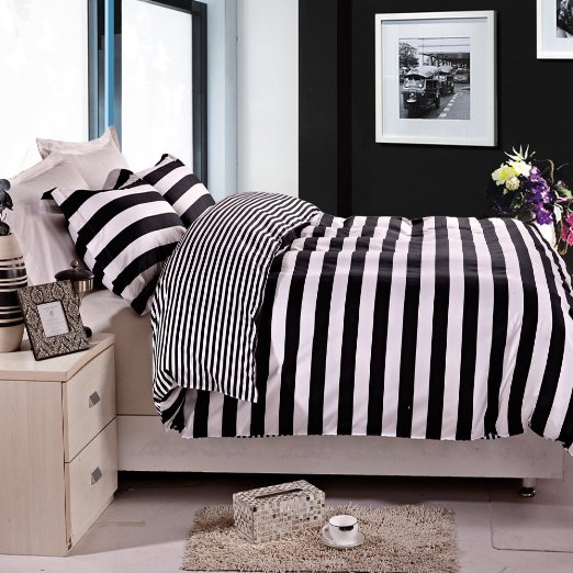 NTBAY Black and White Stripe Printing Microfiber Reversible 3 Pieces Full/Queen Size Duvet Cover Set with Hidden Button (Full/Queen, Striped)