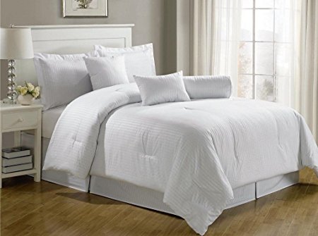 Chezmoi Collection 7-Piece Hotel Dobby Stripe Comforter Set, Queen, White