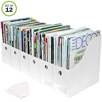 Evelots Magazine File Holder-Organizer-Full 4 Inch Wide-White-With Labels-Set/12