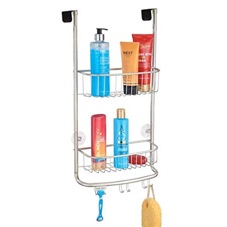 mDesign Over Door Shower Caddy - Toiletry Storage Shelves - Hanging Bathroom Organiser with Hooks for Loofahs - Satin