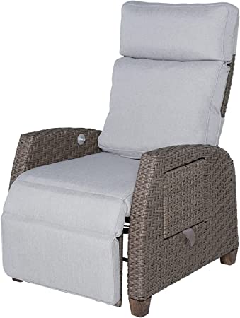 Grand Patio Indoor & Outdoor Recliner Chair PE Wicker Patio Recliner with Flip Table Reclining Lounge Chair, Mist Grey